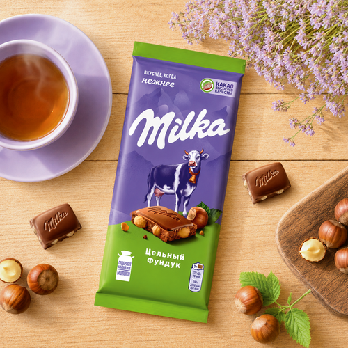 Шоколад молочный MILKA с цельным фундуком, 80г, картинка