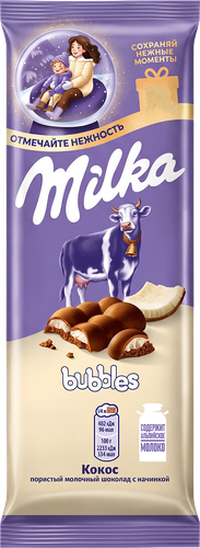 Шоколад молочный MILKA Bubbles Пористый c кокосовой начинкой, 87г, фотография