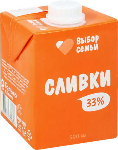 Сливки ультрапастеризованные ВЫБОР СЕМЬИ 33%, без змж, 500мл, изображение
