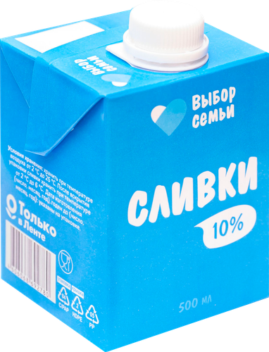 Сливки ультрапастеризованные ВЫБОР СЕМЬИ 10%, без змж, 500мл, изображение