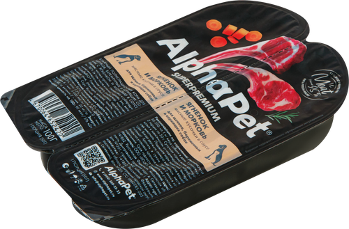 Корм влажный для щенков, беременных и кормящих собак ALPHAPET Superpemium Ягненок и морковь мясные кусочки в соусе, 100г, изображение