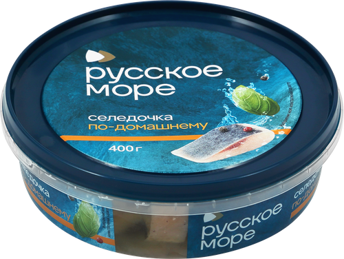 Сельдь Тихоокеанская слабосоленая РУССКОЕ МОРЕ Селедочка По-домашнему, филе-кусочки в масле, 400г, вид