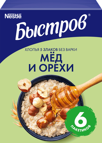 Хлопья овсяные БЫСТРОВ 5 Злаков, мед и орехи, 6х40г, картинка