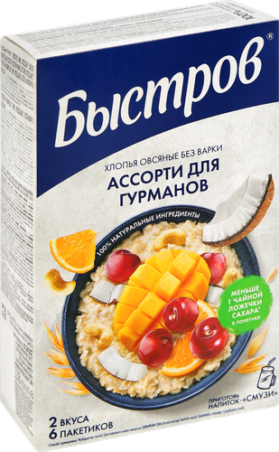 Каша овсяная БЫСТРОВ Ассорти для гурманов, Вишня, кешью, кокос и Манго, апельсин, 6х38г, картинка