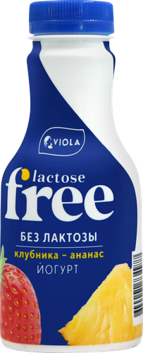 Йогурт питьевой VIOLA Free Клубника, ананас безлактозный 1,1%, без змж, 270г, крупный план