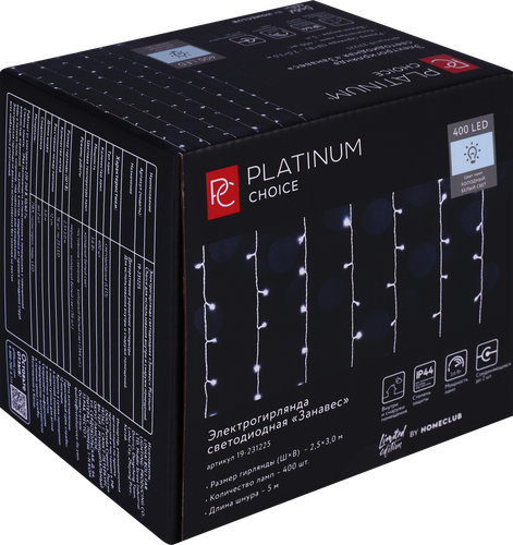 Гирлянда электрическая PLATINUM CHOICE Занавес 400LED 2,5х3м холодный белый 344LED+54LED холодный мерцающий белый, IP44, Арт. 19-231225, изображение