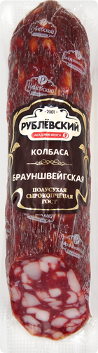 Колбаса сырокопченая РУБЛЁВСКИЙ Брауншвейгская полусухая, весовая, крупный план