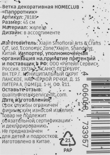 Ветка декоративная Homeclub, Папоротник, 45х13х1см, цвет в ассортименте, фото