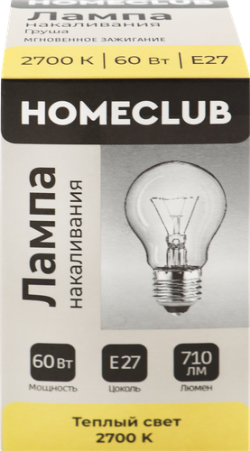 Лампа накаливания HOMECLUB груша 60Вт, Е27, теплый свет, фотография