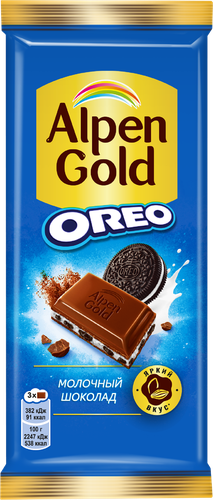 Шоколад молочный ALPEN GOLD Орео со вкусом ванили и кусочками печенья, 85г, фото