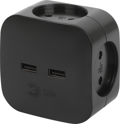 Разветвитель электрический ЭРА SP-4-USB-B на 4 розетки+2xUSB, 2400mA, без заземления, 10А, черный, Арт. Б0049536, вид