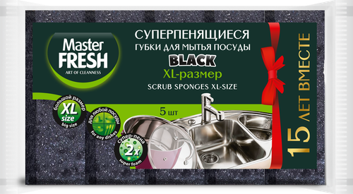 Губки для мытья посуды MASTER FRESH XL bubble-поролон, black, 5шт, изображение