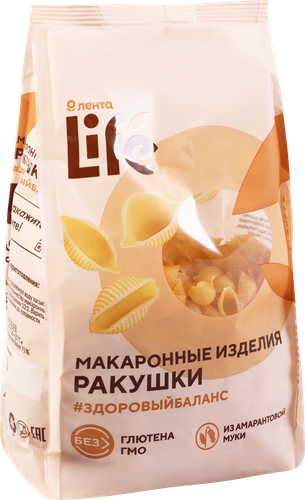 Макароны безглютеновые ЛЕНТА LIFE Ракушки, из кукурузной муки с добавлением амарантовой, 250г, крупный план