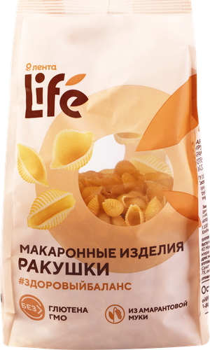 Макароны безглютеновые ЛЕНТА LIFE Ракушки, из кукурузной муки с добавлением амарантовой, 250г, вид
