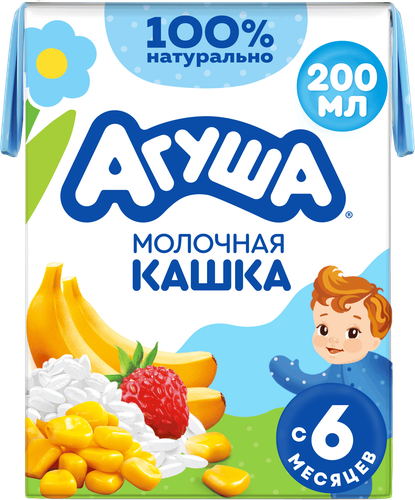 Каша рисово-кукурузная детская АГУША Вставай-ка молочная 2%, с бананом и земляникой, с 6 месяцев, 200мл, картинка