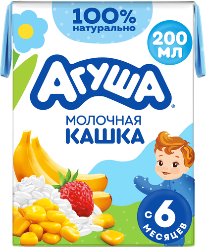 Каша рисово-кукурузная детская АГУША Вставай-ка молочная 2%, с бананом и земляникой, с 6 месяцев, 200мл, крупный план