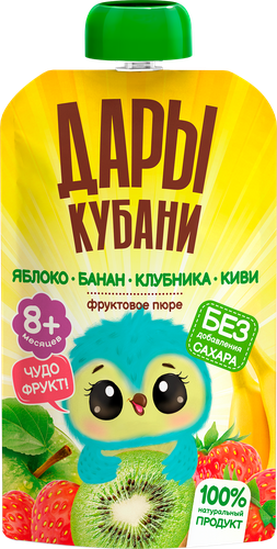 Пюре фруктово-ягодное ДАРЫ КУБАНИ Яблоко, банан, клубника и киви, с 8 месяцев, 90г, крупный план