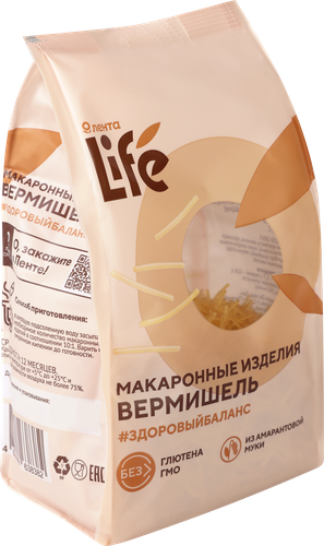 Макароны безглютеновые ЛЕНТА LIFE Вермишель, из кукурузной муки с добавлением амарантовой, 250г, картинка