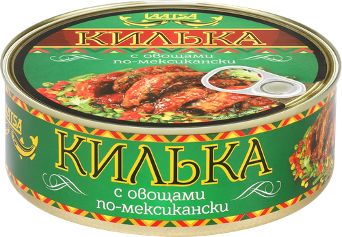Килька Каспийская LAATSA По-мексикански, неразделанная обжаренная с овощами в томатном соусе, 240г, крупный план