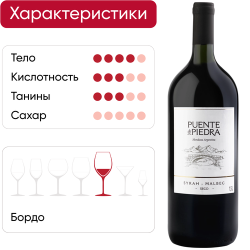Вино PUENTE DE PIEDRA Syrah-Malbec ординарное красное сухое, 1.5л, крупный план