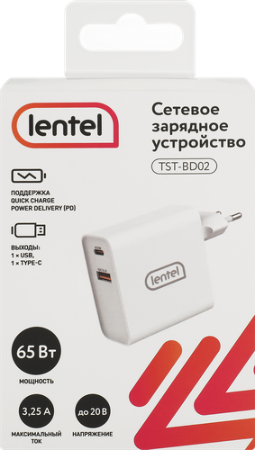 Сетевое зарядное устройство Lentel 65Вт, USB+TypeC, Арт. TST-BD02, изображение