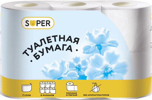 Бумага туалетная SUPER 2-слоя белая, 6шт, картинка