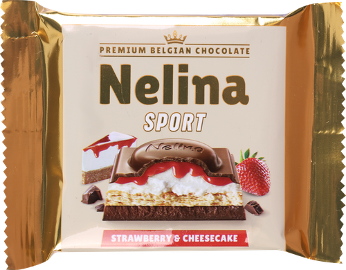 Шоколад молочный NELINA Sport со вкусом чизкейка, клубничной начинкой и печеньем, 55г, крупный план