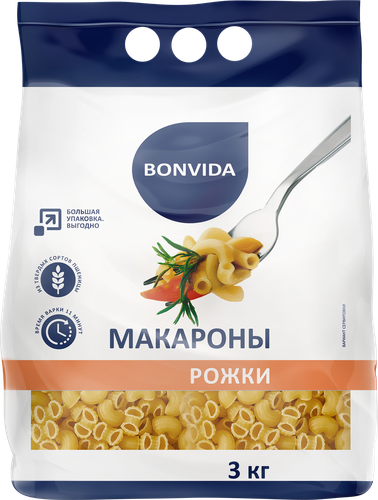 Макароны BONVIDA Рожки группа А, высший сорт, 3кг, вид