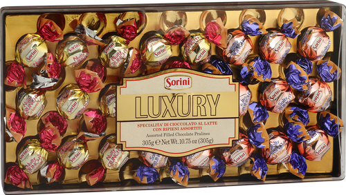 Конфеты SORINI Luxury пралине из молочного шоколада с хрустящими кусочками карамели, 305г, крупный план