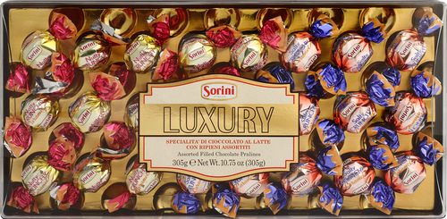 Конфеты SORINI Luxury пралине из молочного шоколада с хрустящими кусочками карамели, 305г, картинка