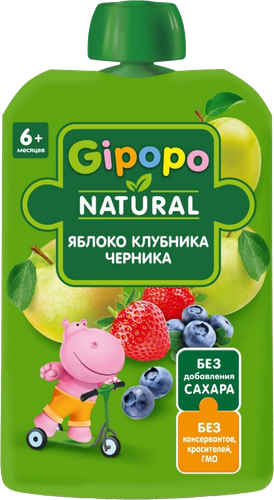 Пюре фруктово-ягодное GIPOPO Яблоко, клубника и черника, с 6 месяцев, 90г, картинка