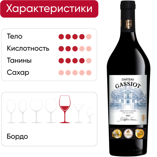 Вино CHATEAU GASSIOT Бордо Кот де Бур выдержанное красное сухое, 0.75л, крупный план