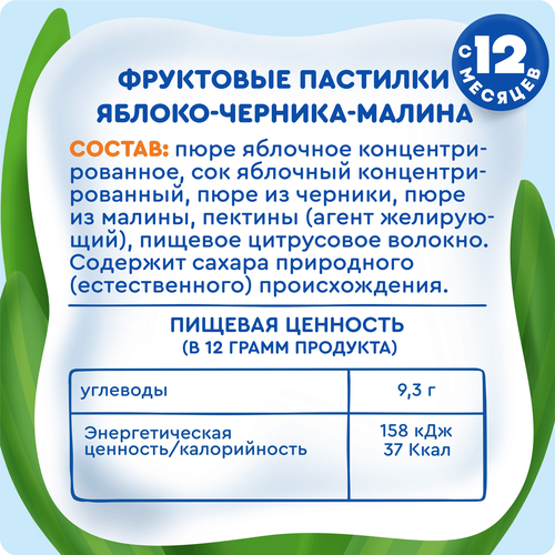 Пастилки фруктовые детские АГУША Конструктор, яблоко, черника и малина, с 12 месяцев, 12г, вид