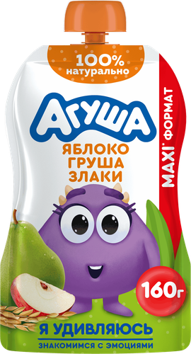 Пюре фруктово-злаковое детское АГУША Яблоко и груша со злаками, с 12 месяцев, 160г, детальное фото