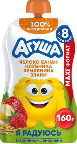 Пюре фруктово-злаковое детское АГУША Яблоко, банан, клубника и земляника со злаками, с 12 месяцев, 160г, крупный план