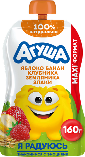 Пюре фруктово-злаковое детское АГУША Яблоко, банан, клубника и земляника со злаками, с 12 месяцев, 160г, детальное фото