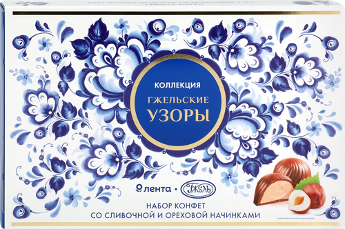 Набор конфет ЛЕНТА Русские узоры Гжель, со сливочной и ореховой начинкой, 170г, фотография