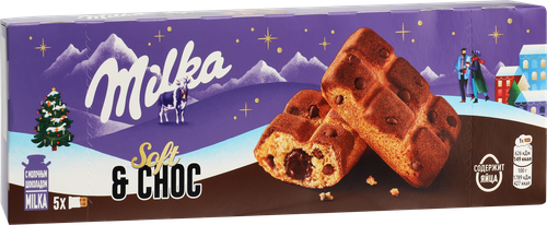 Пирожное бисквитное MILKA с шоколадной начинкой и кусочками молочного шоколада, 175г, крупный план