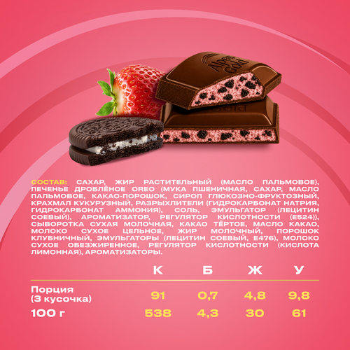 Шоколад молочный ALPEN GOLD Нежная клубника, с клубничной начинкой и кусочками печенья Орео, 85г, детальное фото