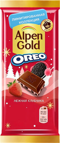 Шоколад молочный ALPEN GOLD Нежная клубника, с клубничной начинкой и кусочками печенья Орео, 85г, изображение