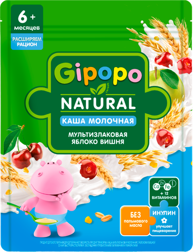 Каша мультизлаковая GIPOPO Natural молочная, с яблоком и вишней, с 6 месяцев, 170г, детальное фото
