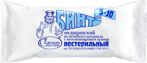 Бинт медицинский ЕМЕЛЬЯНОВСКИЙ из нетканого материала с неосыпающимися краями нестерильная индивидуальной упаковке, 5мх10см, картинка