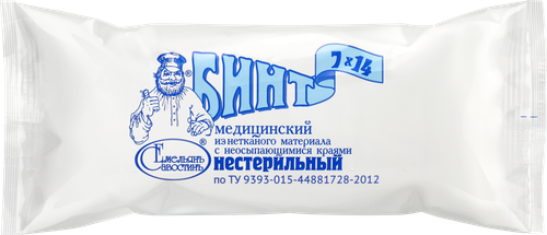 Бинт медицинский ЕМЕЛЬЯНОВСКИЙ из нетканого материала с неосыпающимися краями нестерильная, 7мх14см, фотография