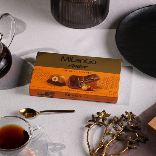 Конфеты SOLEN Milango amber с фундуком, карамельной нугой и молочным шоколадом, 125г, вид