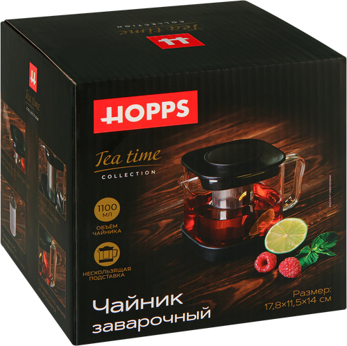 Чайник заварочный HOPPS Tea time, стекло, нержавеющая сталь, пластик, 1.1л, Арт. H-TP1, фото