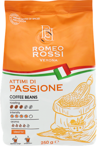 Кофе зерновой ROMEO ROSSI Attimi Di Passione натуральный жареный с кофеином, 250г, фотография