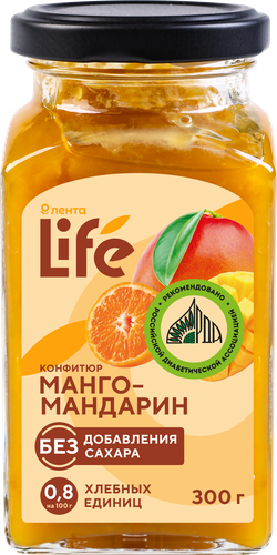 Конфитюр ЛЕНТА LIFE Манго-мандарин, без сахара, 300г, детальное фото