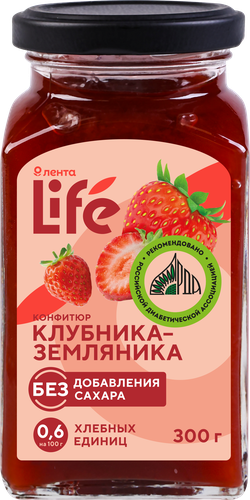Конфитюр ЛЕНТА LIFE Клубника-земляника, без сахара, 300г, картинка