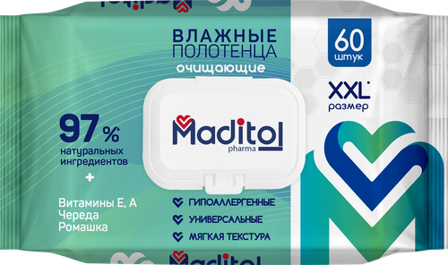 Полотенца влажные MADITOL гипоаллергенные, 60шт, детальное фото