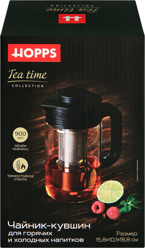 Чайник-кувшин HOPPS Tea time, стекло, нержавеющая сталь, пластик, 900мл, Арт. H-TP2, детальное фото